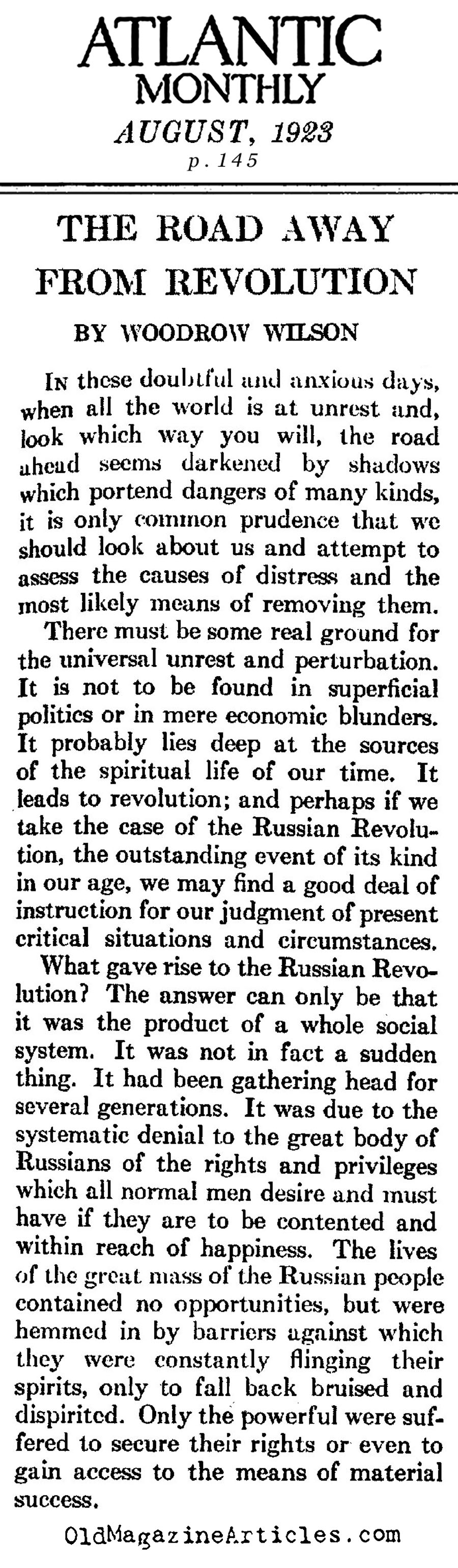 Woodrow Wilson on the Russian Revolution and the Red Scare (Atlantic Monthly, 1923)